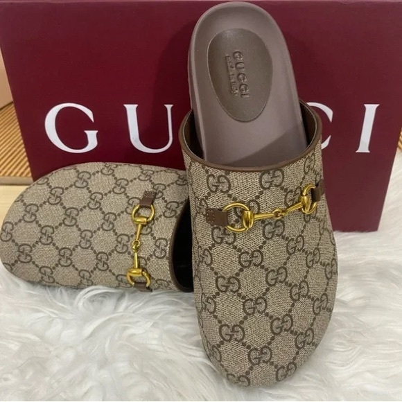 Gucci Beige and Brown Monogram Slides - Picture 1 of 6